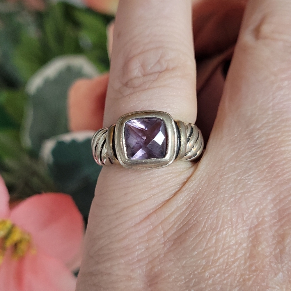 VTG Sterling Silver w gold accent braided rope ring 6.5 Purple Crystal Stone